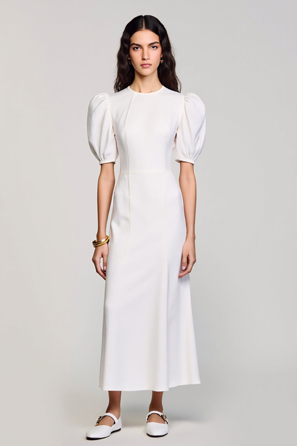 White Round Neck Satin Long Graduation Dress with Puff Sleeves