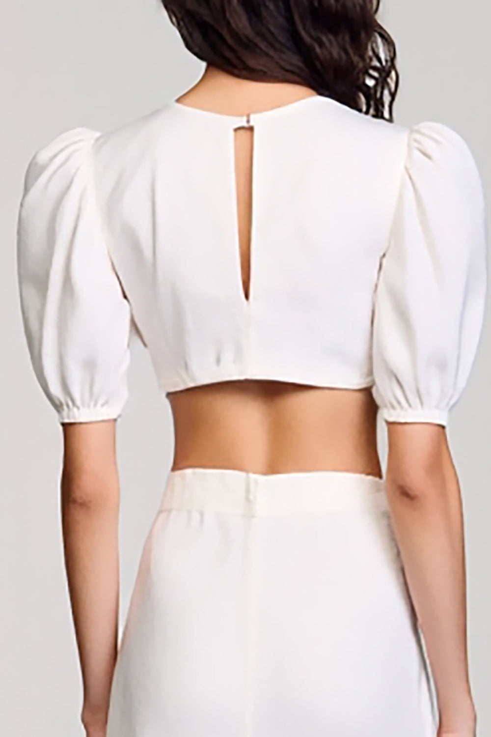 White Round Neck Satin Long Graduation Dress with Puff Sleeves