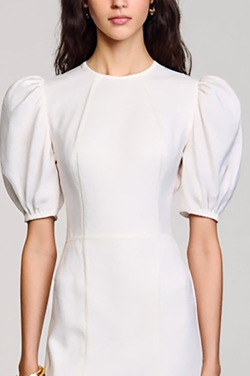 White Round Neck Satin Long Graduation Dress with Puff Sleeves