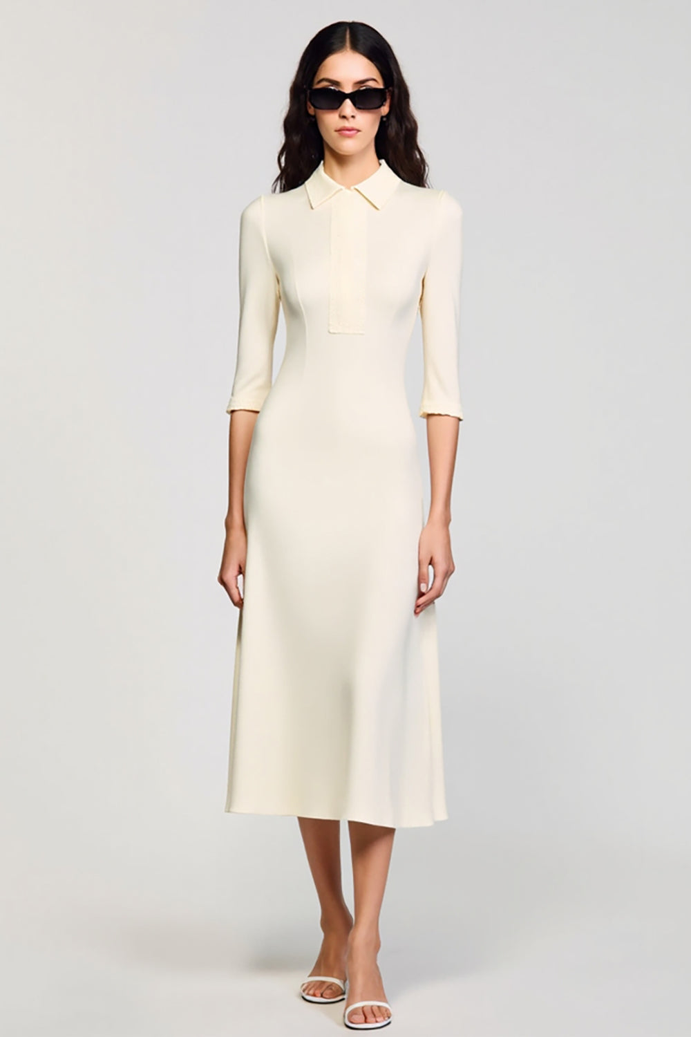 Ivory Sheath Satin Midi Work Dress with Half Sleeves