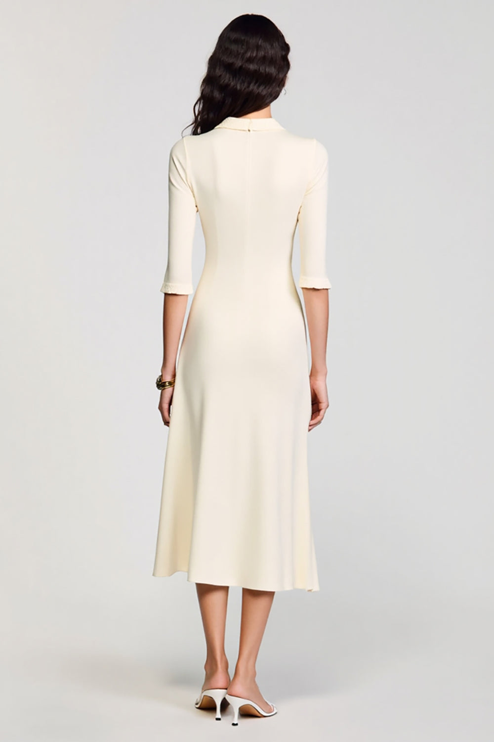 Ivory Sheath Satin Midi Work Dress with Half Sleeves