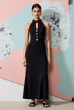 Black Keyhole Sheath Satin Long Wedding Guest Dress