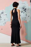 Black Keyhole Sheath Satin Long Wedding Guest Dress