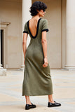 Olive Boat Neck Long Wedding Guest Dress with Short Sleeves