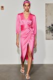 Pink V-Neck Satin Midi Summer Dress with Half Sleeves