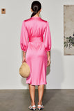 Pink V-Neck Satin Midi Summer Dress with Half Sleeves