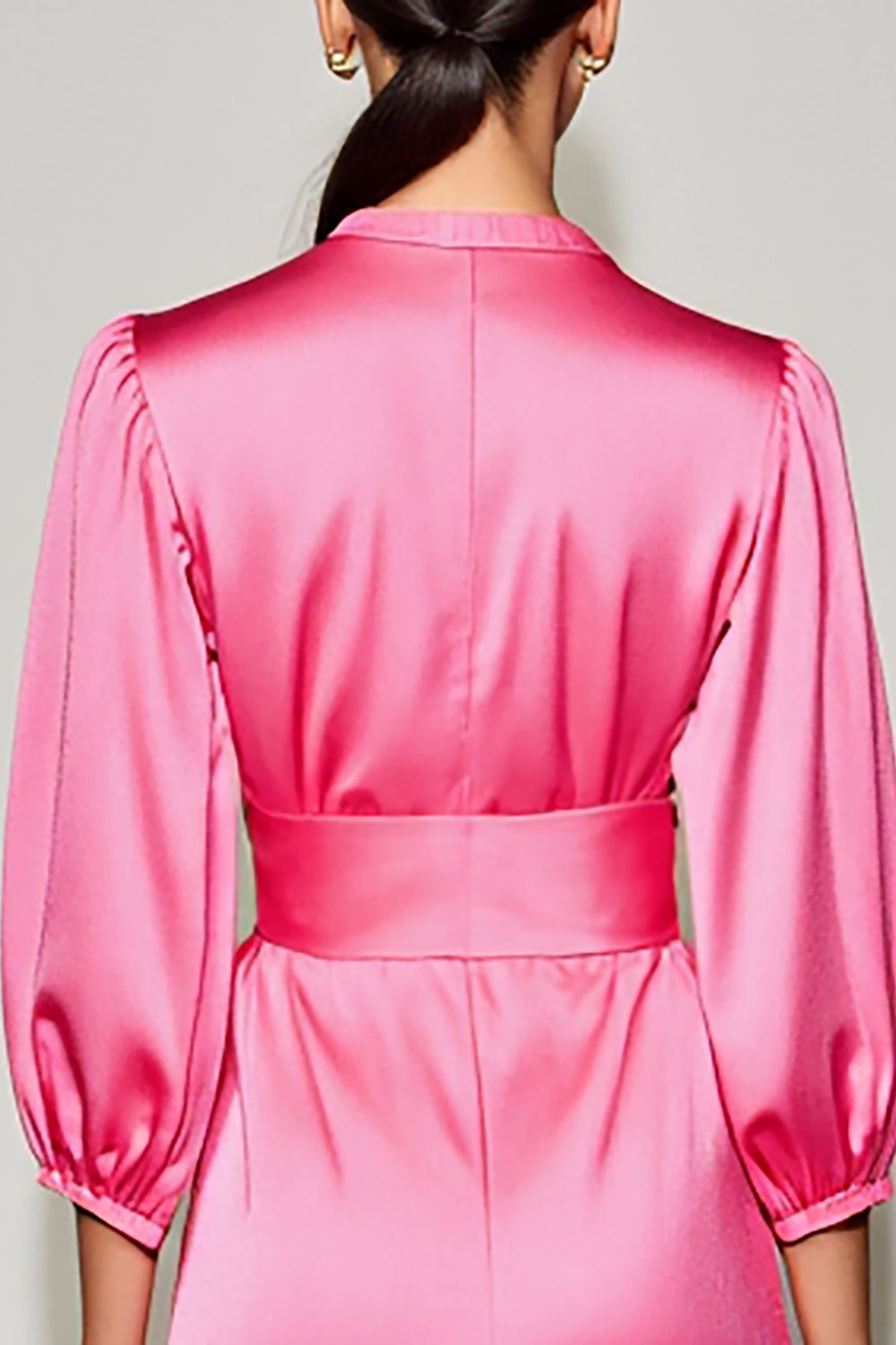 Pink V-Neck Satin Midi Summer Dress with Half Sleeves