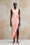 Pink Lace V-Neck Ruched Long Summer Dress with Slit