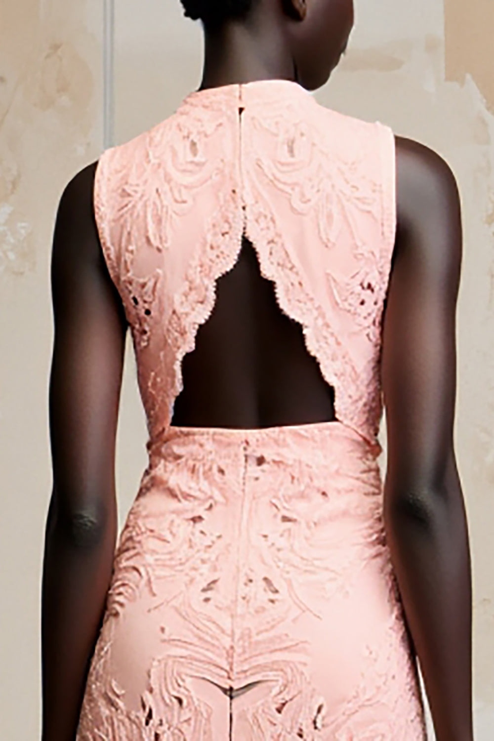 Pink Lace V-Neck Ruched Long Summer Dress with Slit