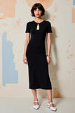 Simple Black Round Neck Midi Wedding Guest Dress with Short Sleeves