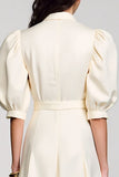 Ivory Shawl Lapel A Line Satin Midi Work Dress