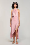 Pink Halter Backless Midi Wedding Guest Dress with Slit