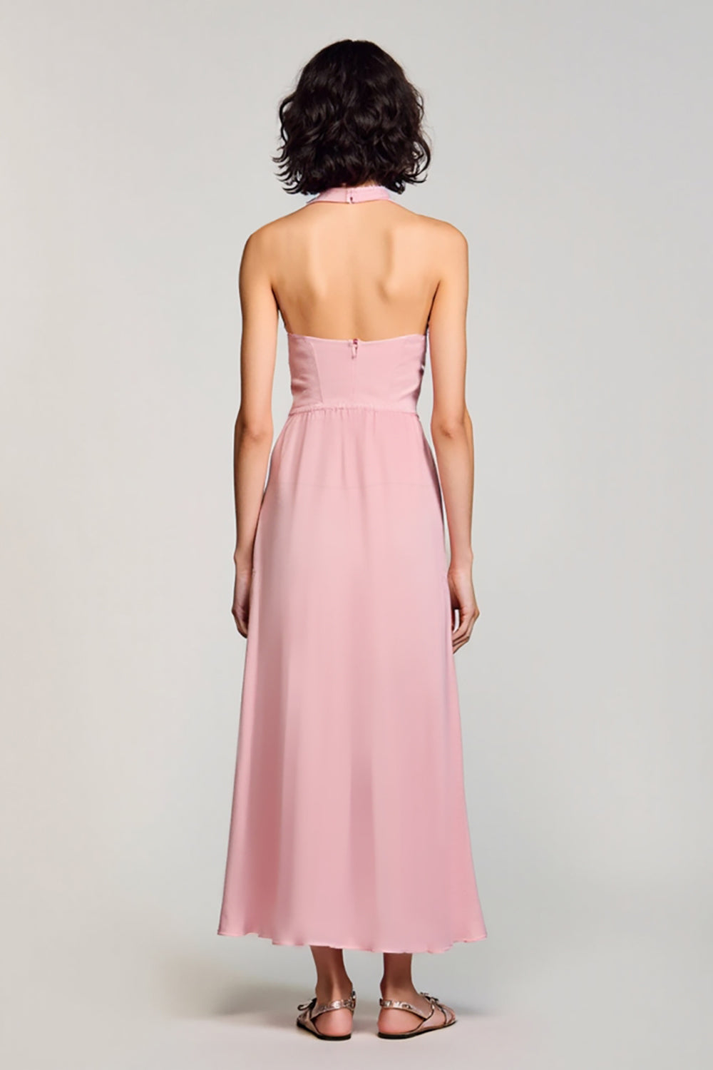 Pink Halter Backless Midi Wedding Guest Dress with Slit