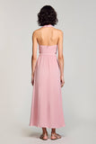 Pink Halter Backless Midi Wedding Guest Dress with Slit