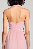 Pink Halter Backless Midi Wedding Guest Dress with Slit