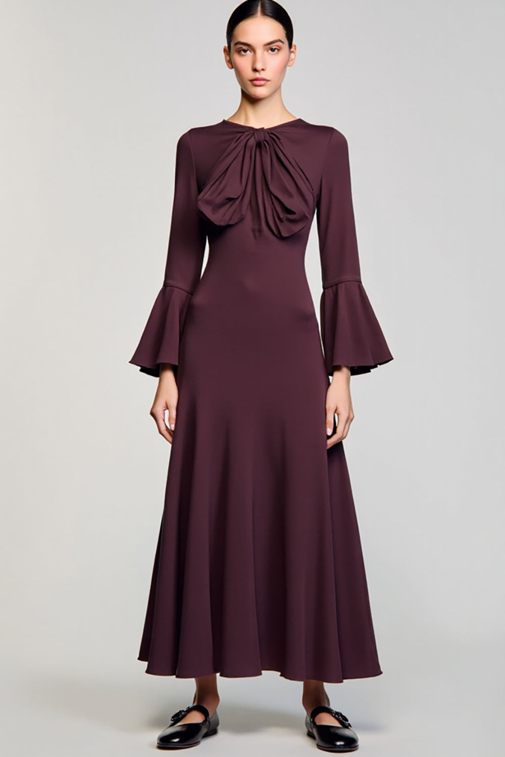 Burgundy A Line Bow Long Wedding Guest Dress with Sleeves