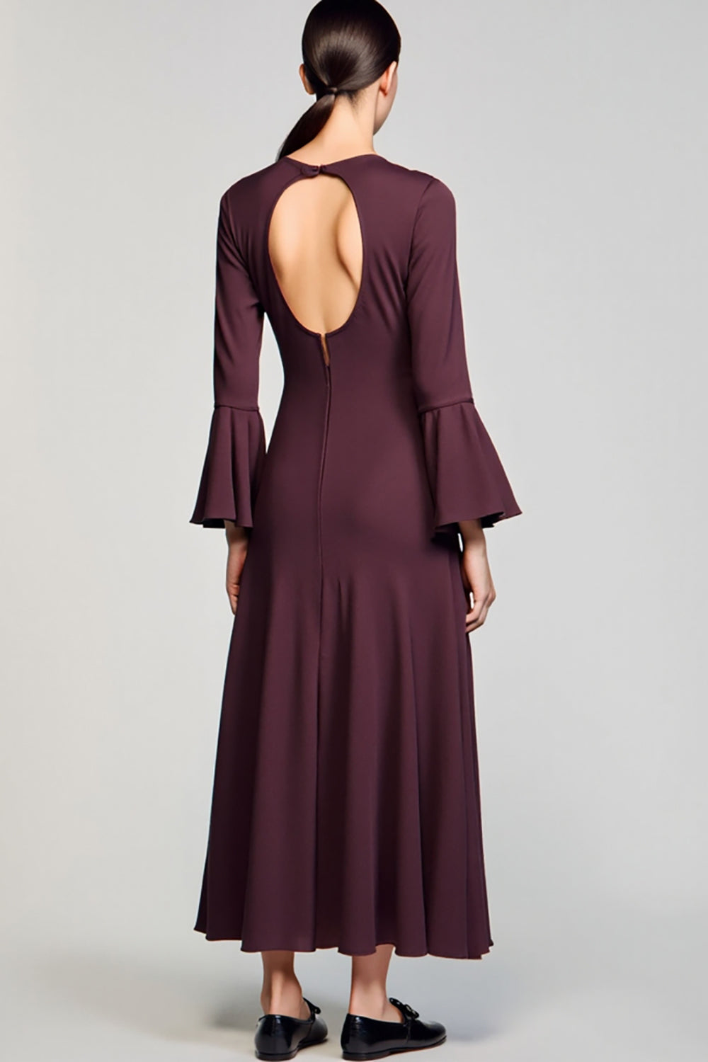 Burgundy A Line Bow Long Wedding Guest Dress with Sleeves