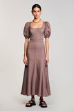 Coffee A Line Square Neck Long Wedding Guest Dress with Puff Sleeves