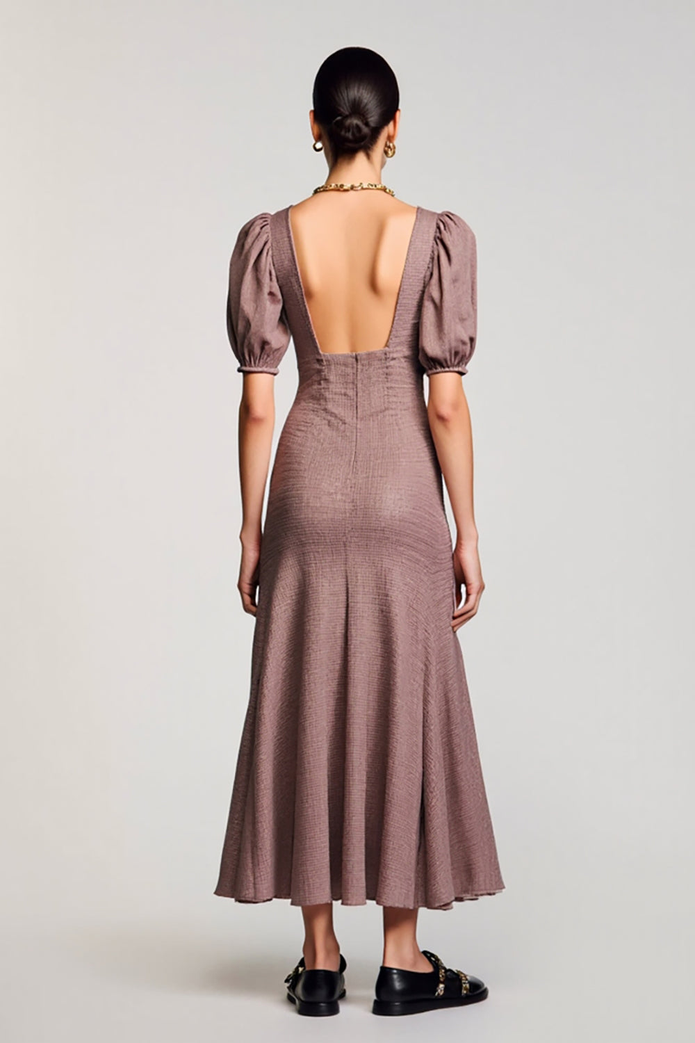 Coffee A Line Square Neck Long Wedding Guest Dress with Puff Sleeves