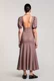 Coffee A Line Square Neck Long Wedding Guest Dress with Puff Sleeves