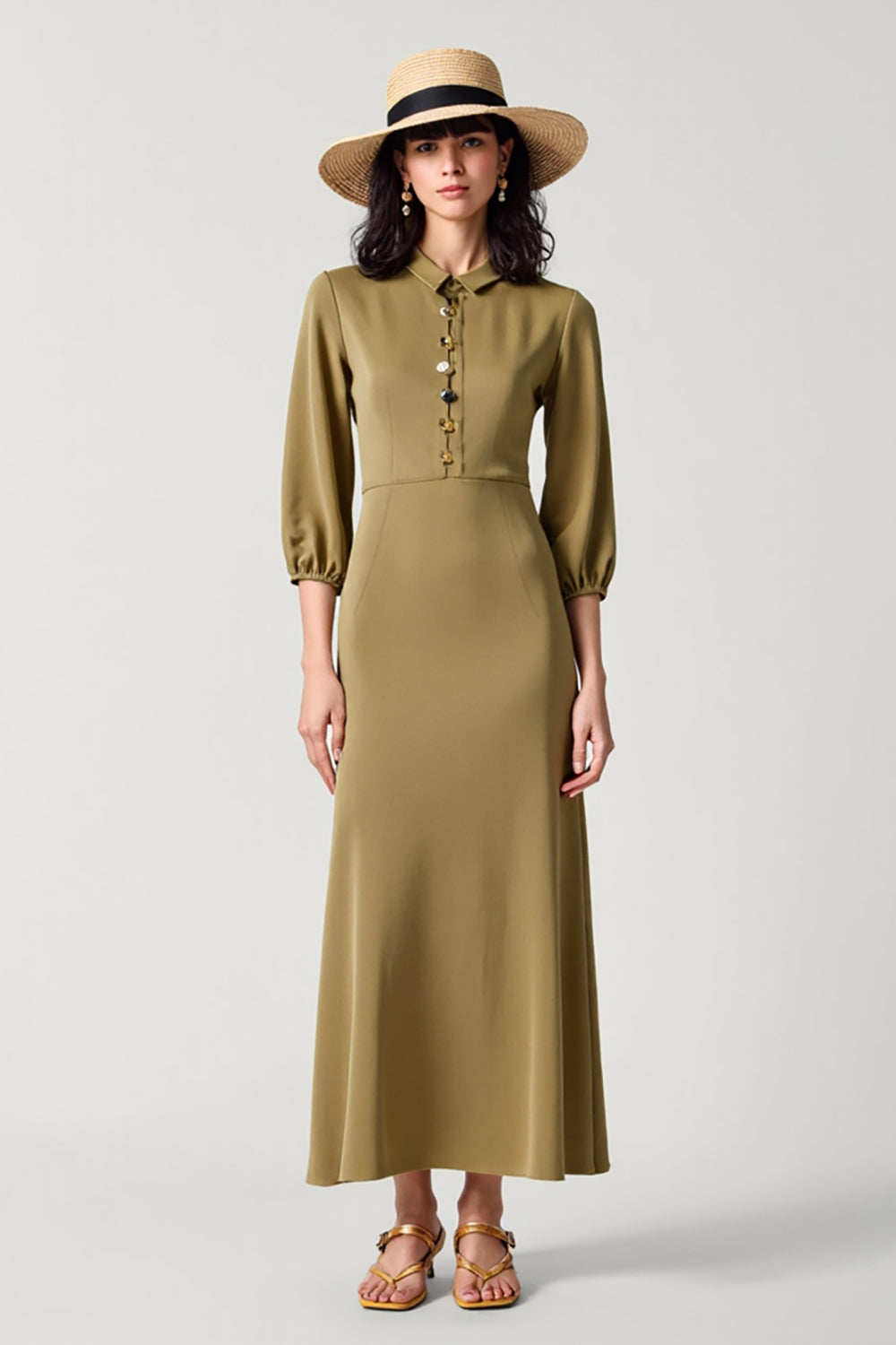 Olive Satin Collar Neck Long Wedding Guest Dress with 3/4 Sleeves