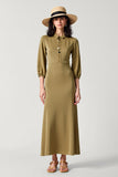 Olive Satin Collar Neck Long Wedding Guest Dress with 3/4 Sleeves