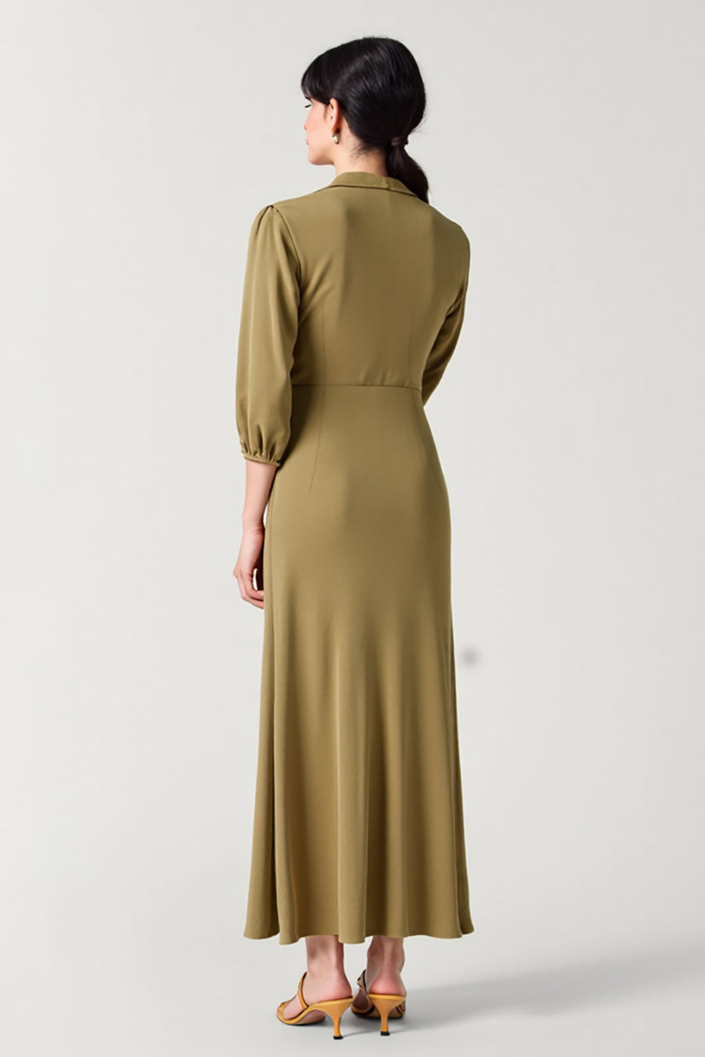Olive Satin Collar Neck Long Wedding Guest Dress with 3/4 Sleeves