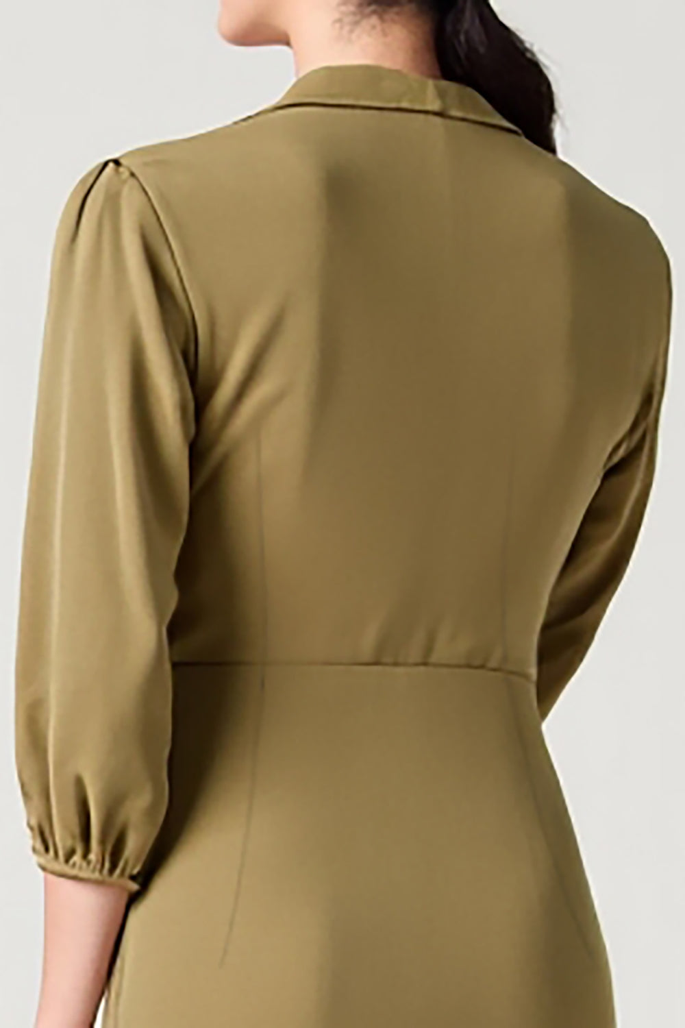 Olive Satin Collar Neck Long Wedding Guest Dress with 3/4 Sleeves