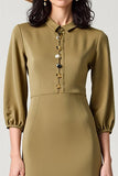 Olive Satin Collar Neck Long Wedding Guest Dress with 3/4 Sleeves