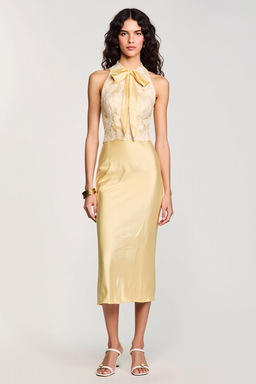 Yellow Halter Bodycon Midi Bow Wedding Guest Dress