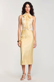 Yellow Halter Bodycon Midi Bow Wedding Guest Dress