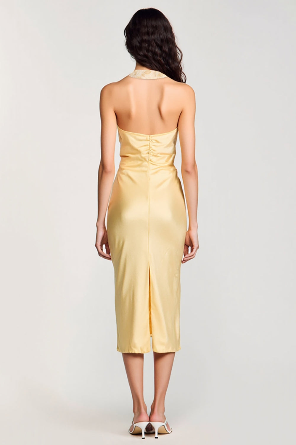Yellow Halter Bodycon Midi Bow Wedding Guest Dress