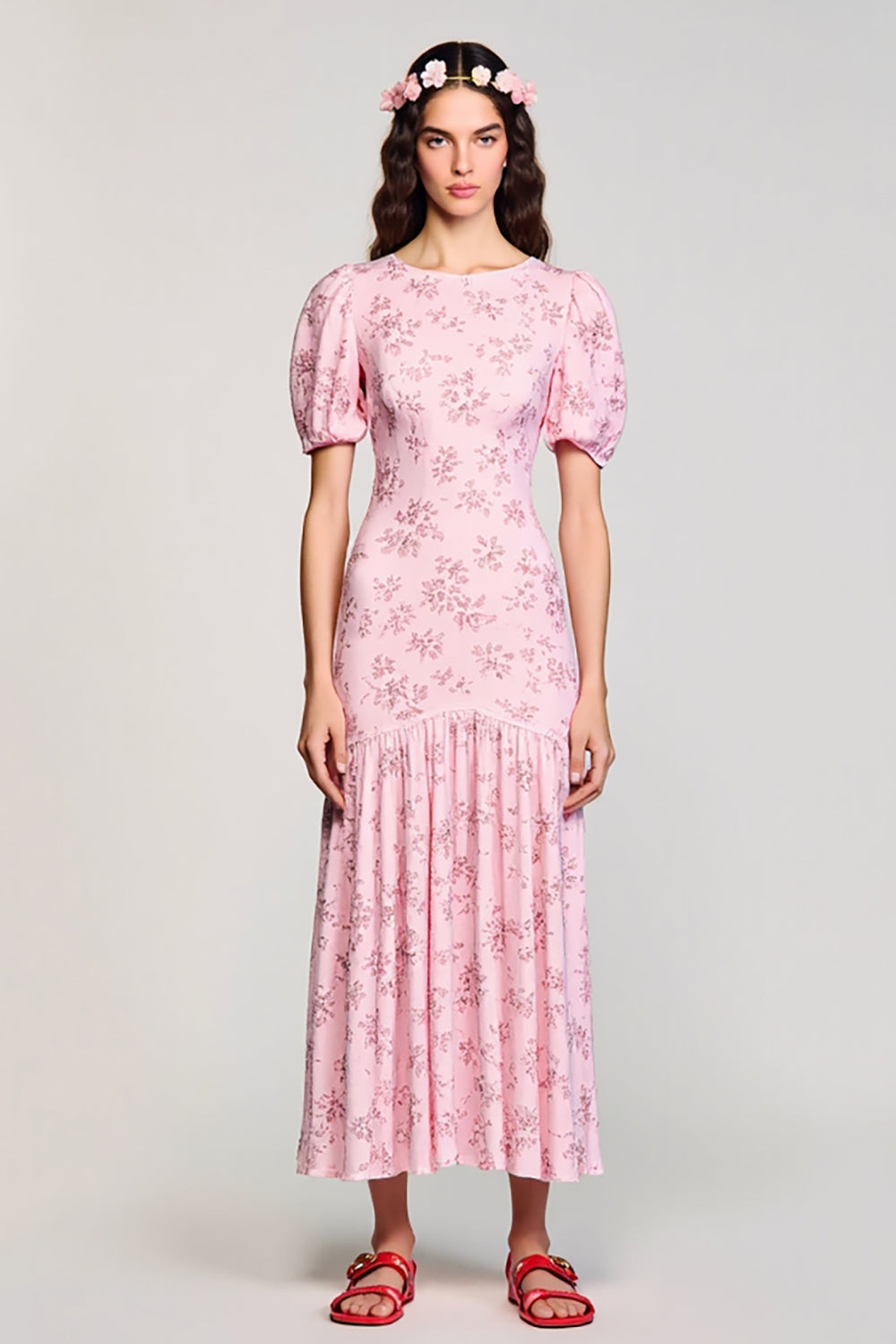 Pink Printed A Line Ruched Wedding Guest Dress