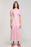 Pink Printed A Line Ruched Wedding Guest Dress