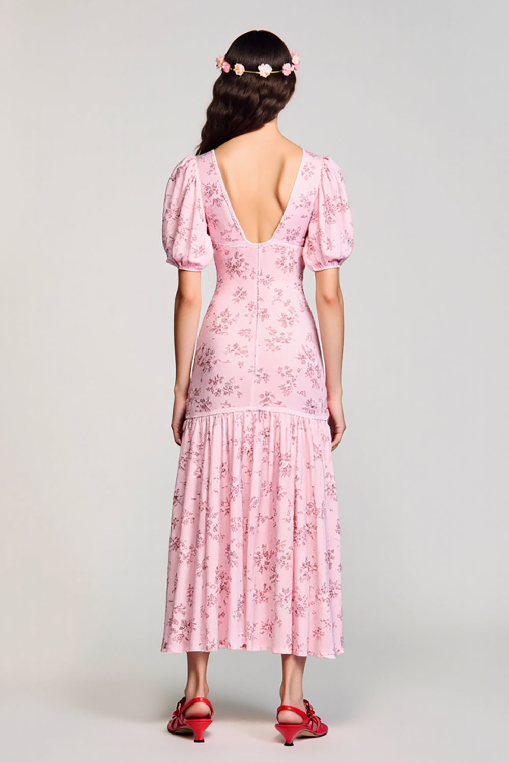 Pink Printed A Line Ruched Wedding Guest Dress