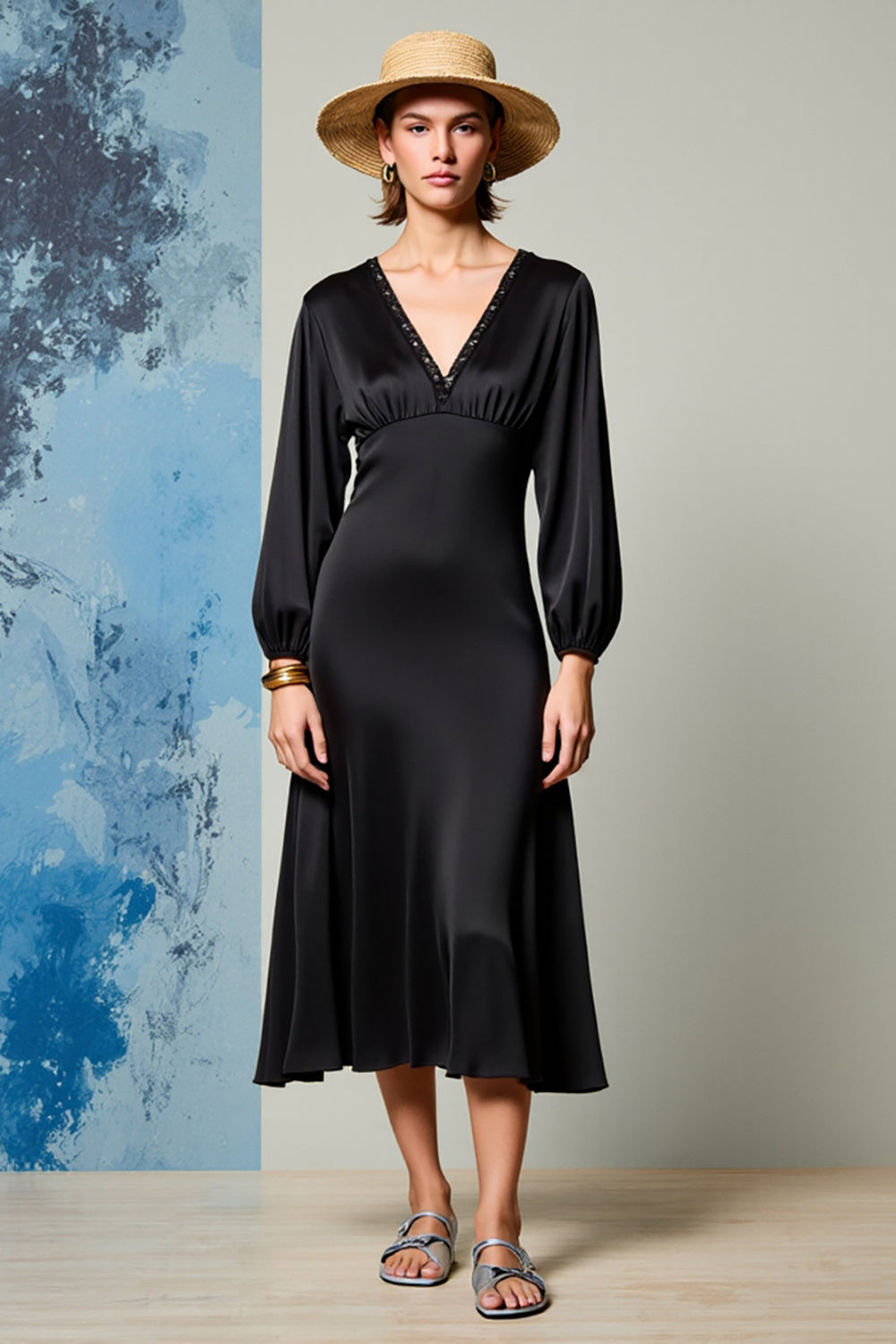 V Neck Black A Line Ruched Wedding Guest Dress