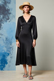 V Neck Black A Line Ruched Wedding Guest Dress