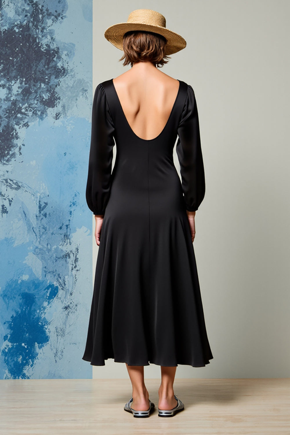 V Neck Black A Line Ruched Wedding Guest Dress