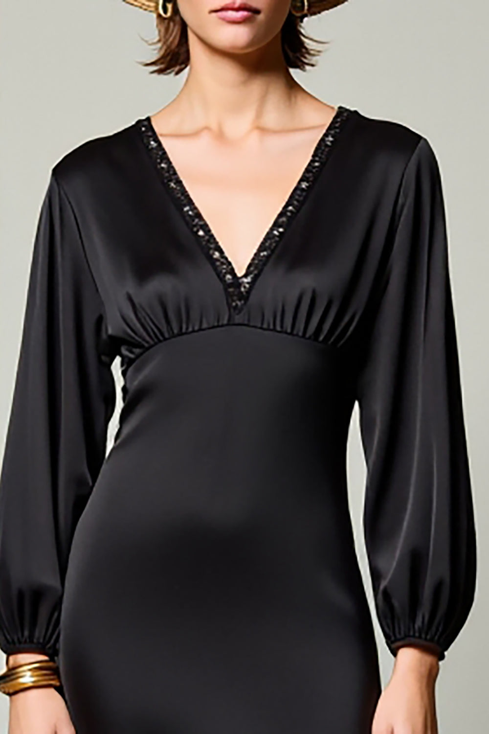 V Neck Black A Line Ruched Wedding Guest Dress