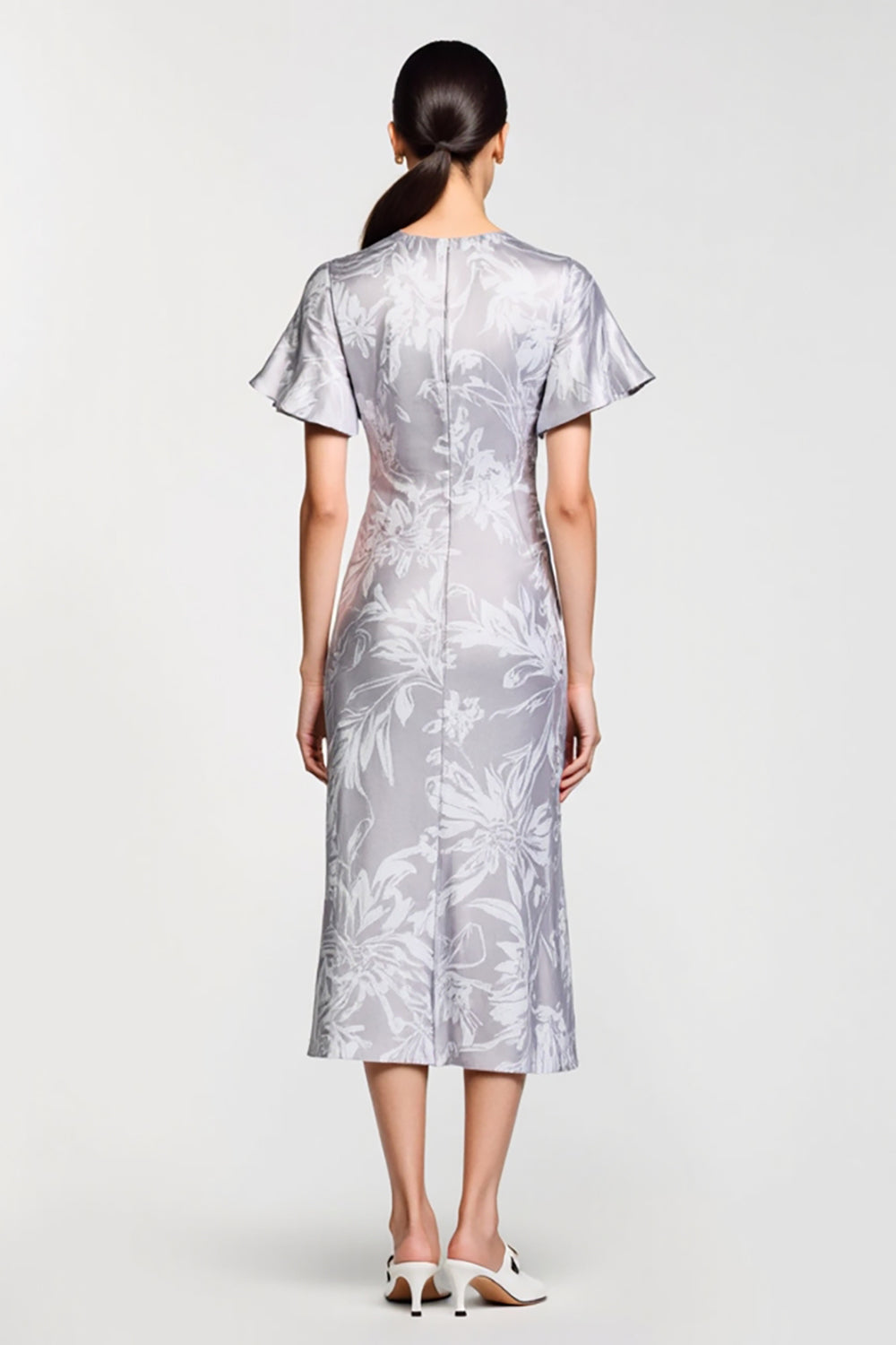 Grey Printed Short Sleeves Sheath Wedding Guest Dress