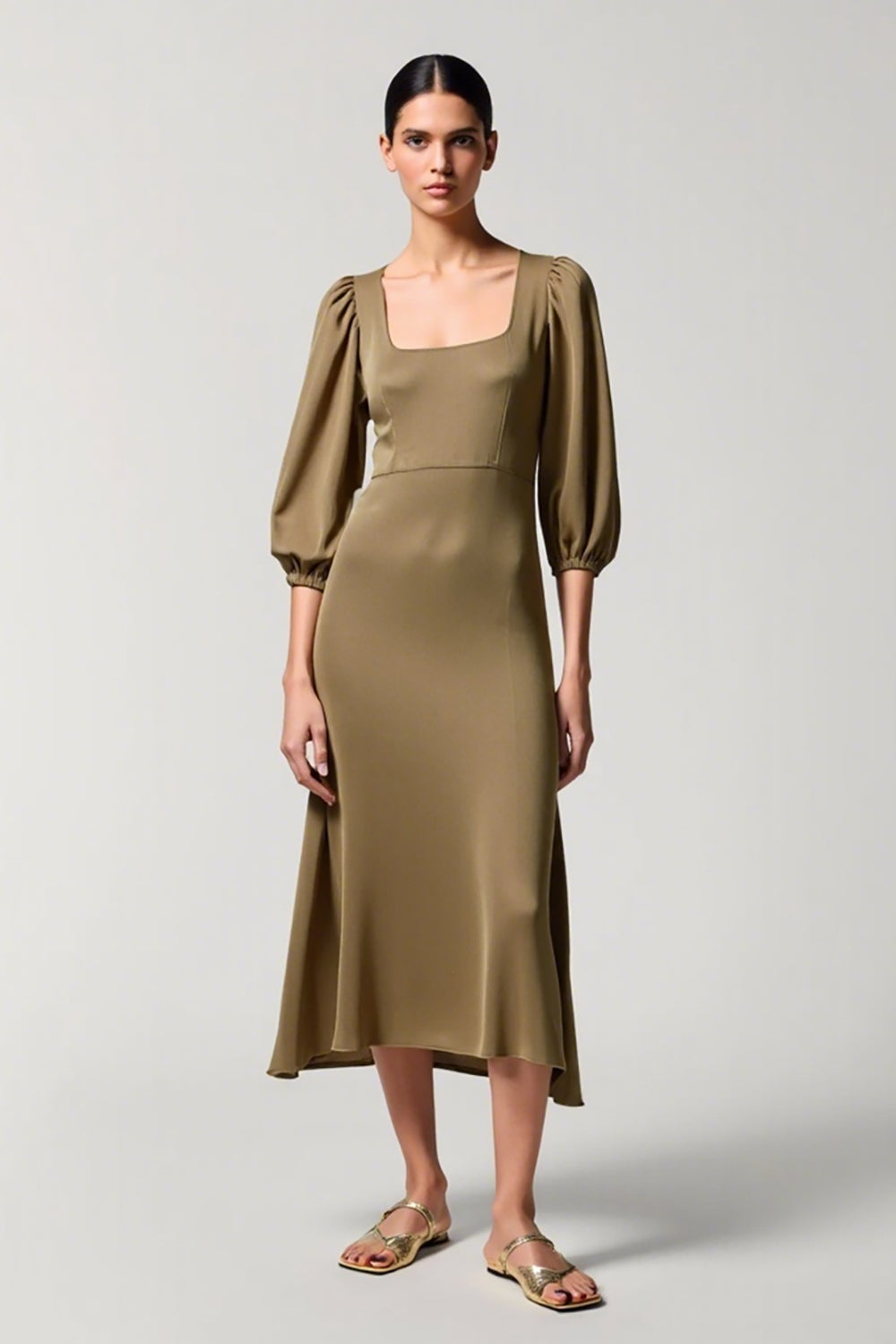Square Neck Olive A Line Wedding Guest Dress