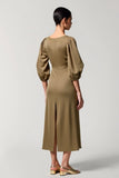 Square Neck Olive A Line Wedding Guest Dress