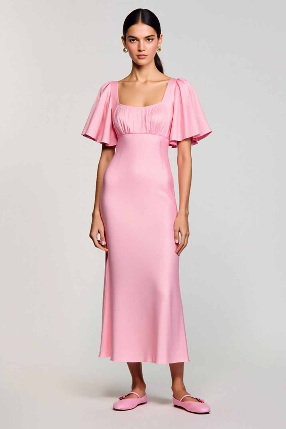 Pink Sheath Chiffon Square Neck Wedding Guest Dress
