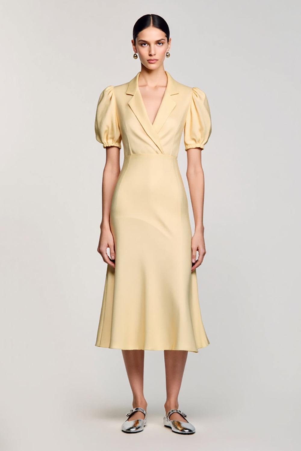 Yellow V Neck Short Sleeves Wedding Guest Dress