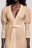 Jacquard Apricot V Neck Sheath Wedding Guest Dress