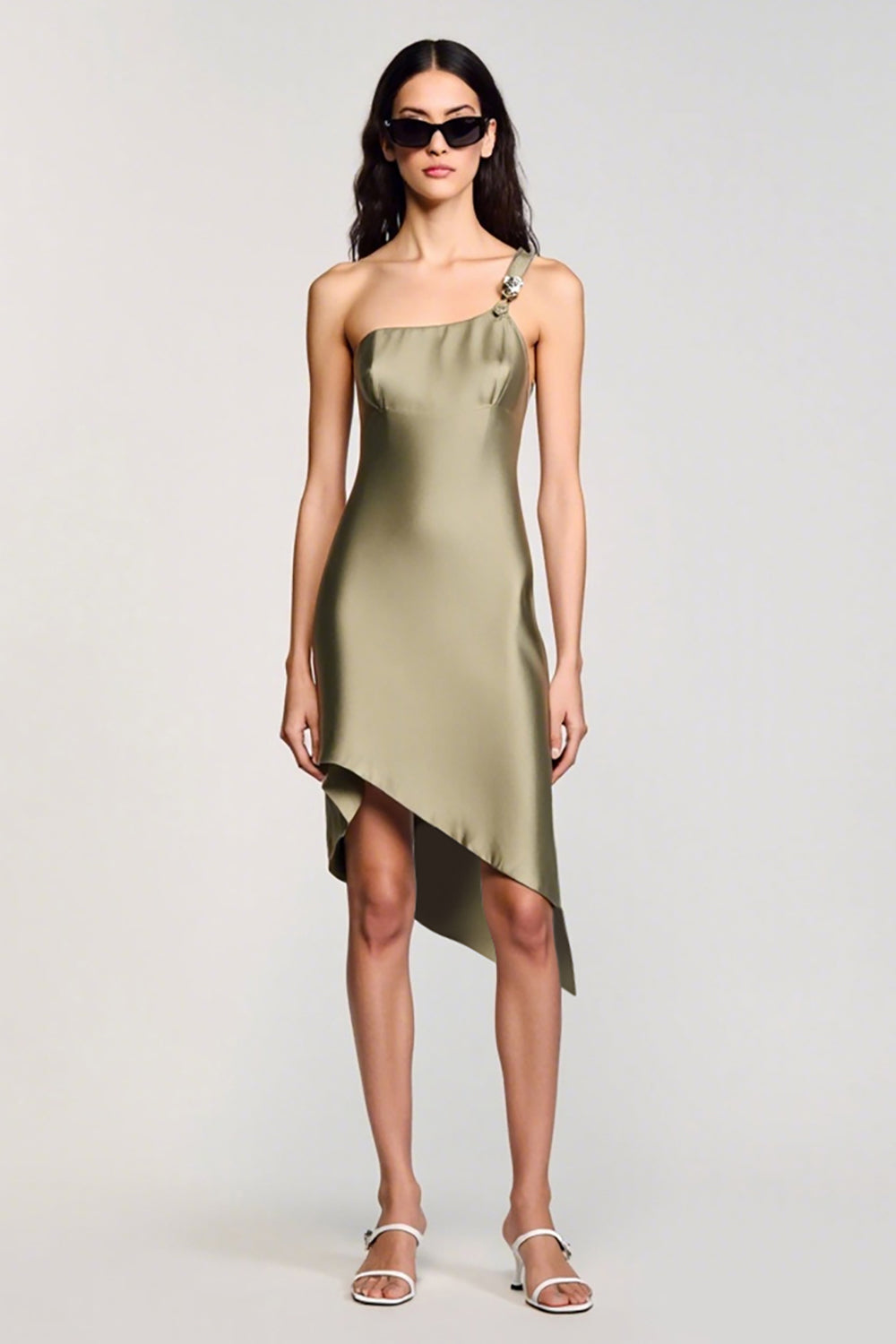 Olive Satin One Shoulder Sheath Wedding Guest Dress