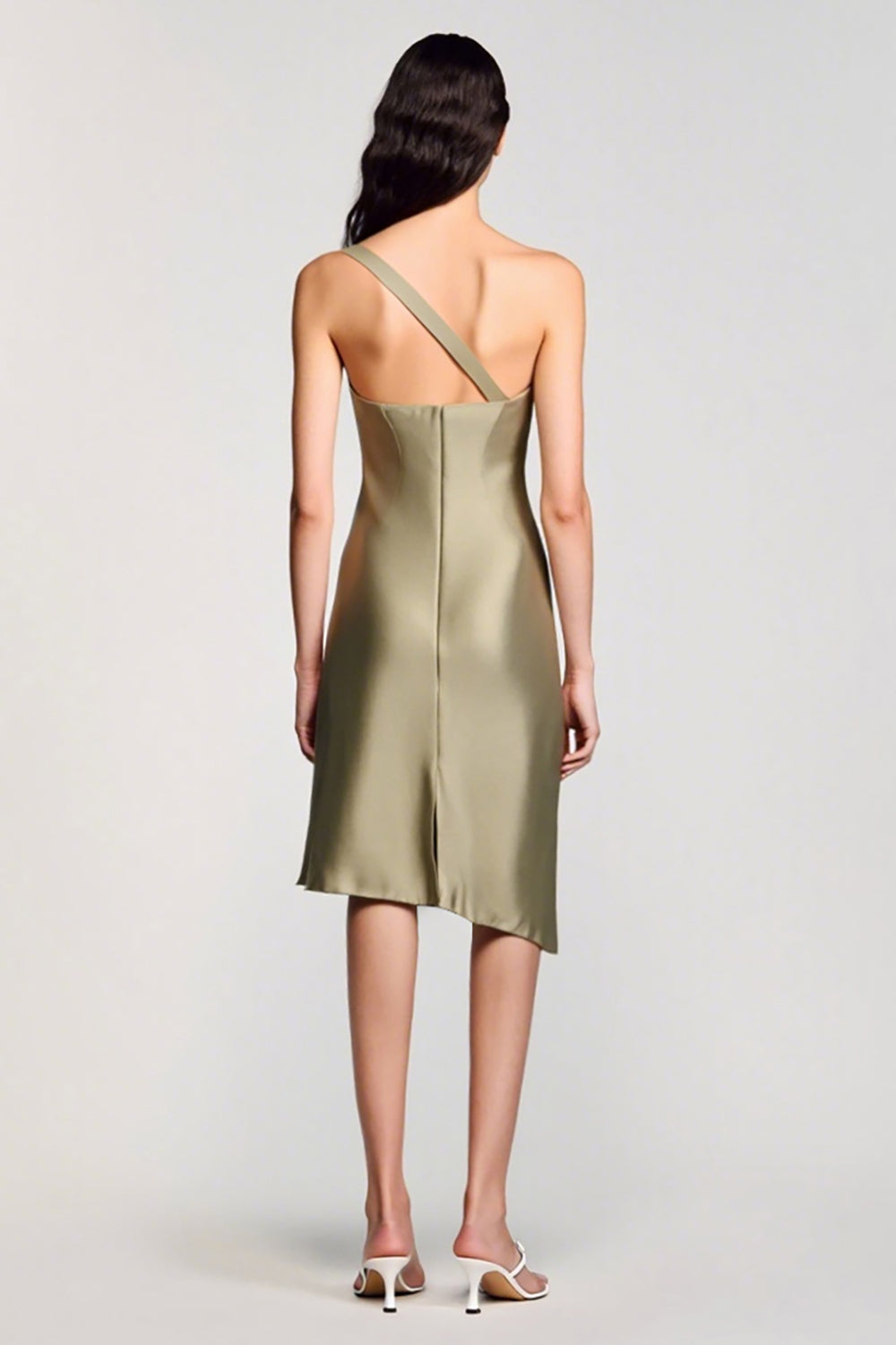 Olive Satin One Shoulder Sheath Wedding Guest Dress