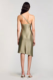 Olive Satin One Shoulder Sheath Wedding Guest Dress