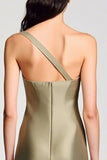 Olive Satin One Shoulder Sheath Wedding Guest Dress
