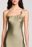 Olive Satin One Shoulder Sheath Wedding Guest Dress